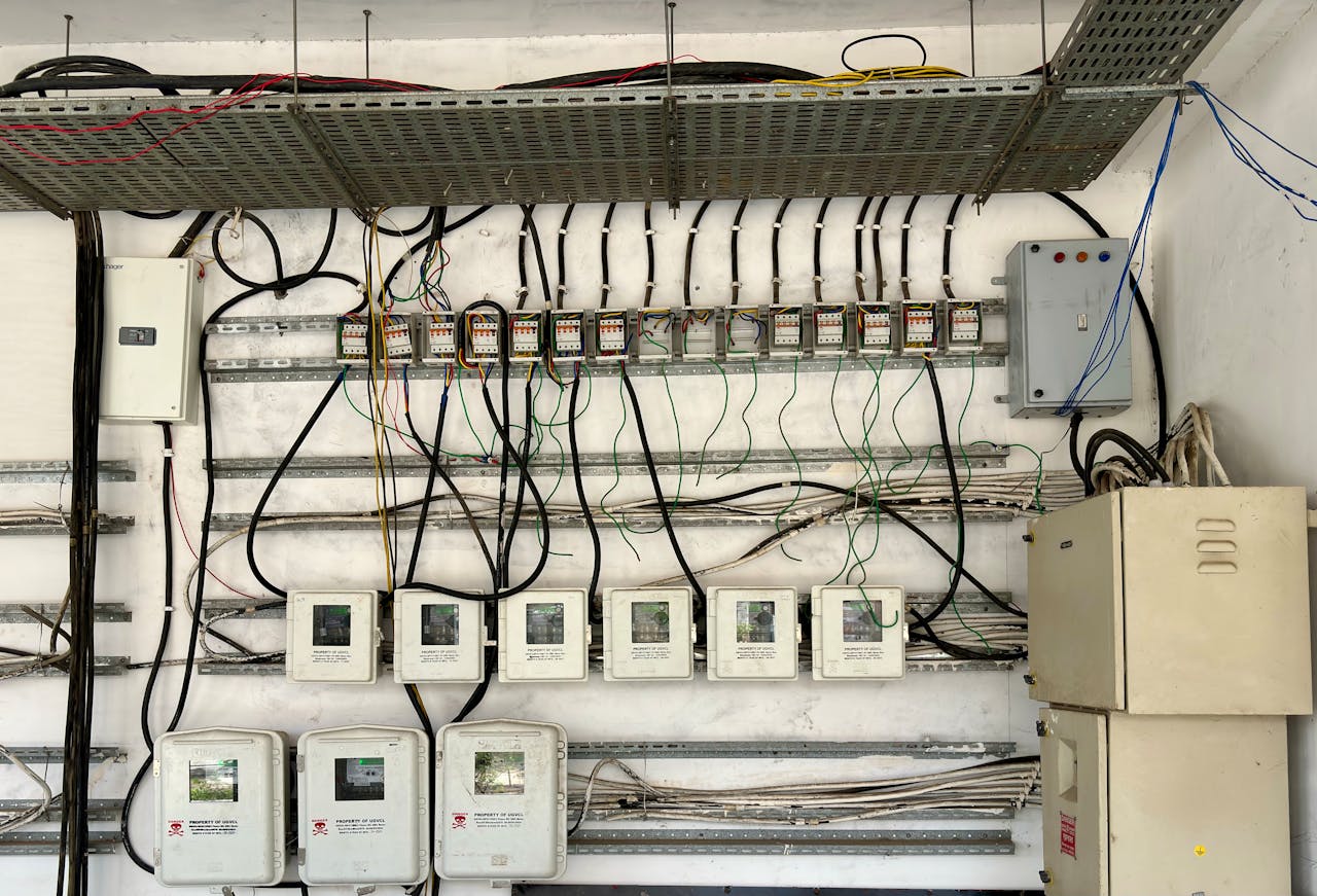 NR Electric Job 1 Complex network of electrical wiring and control panels in an industrial setting.